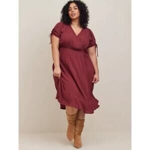 Torrid Midi Swiss Dot Surplice Dress in New Maroon